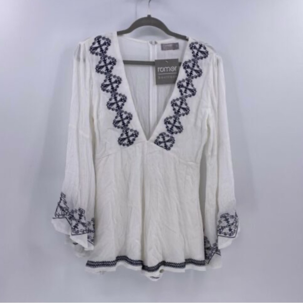 White Short Romper with Black Embroidery
